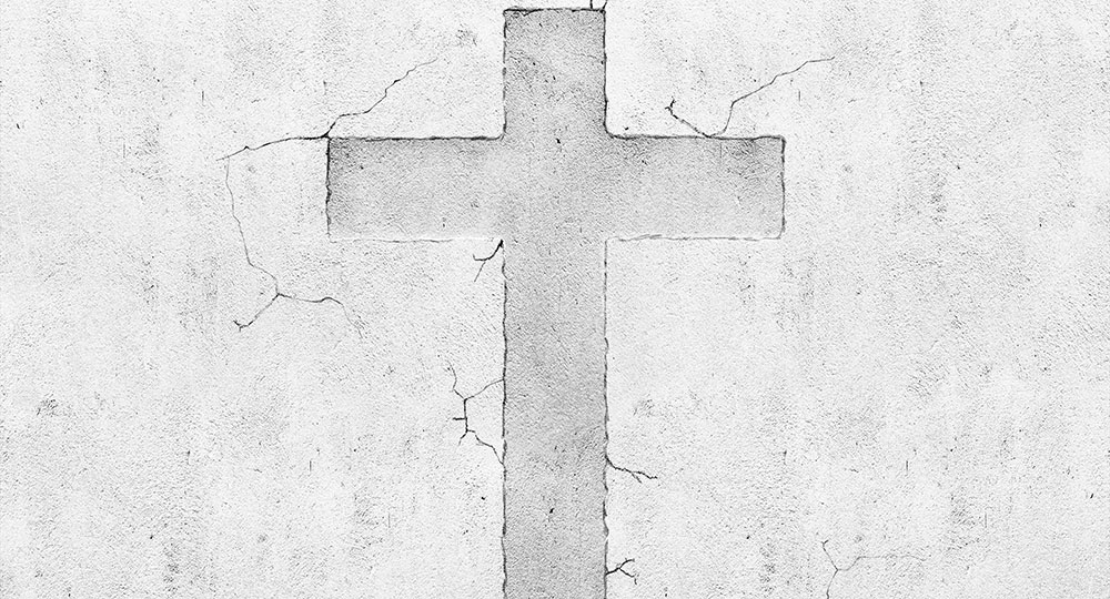 Blank concrete grey wall background with cross symbol