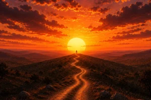 Waiting for the King - Person on winding path towards sunset