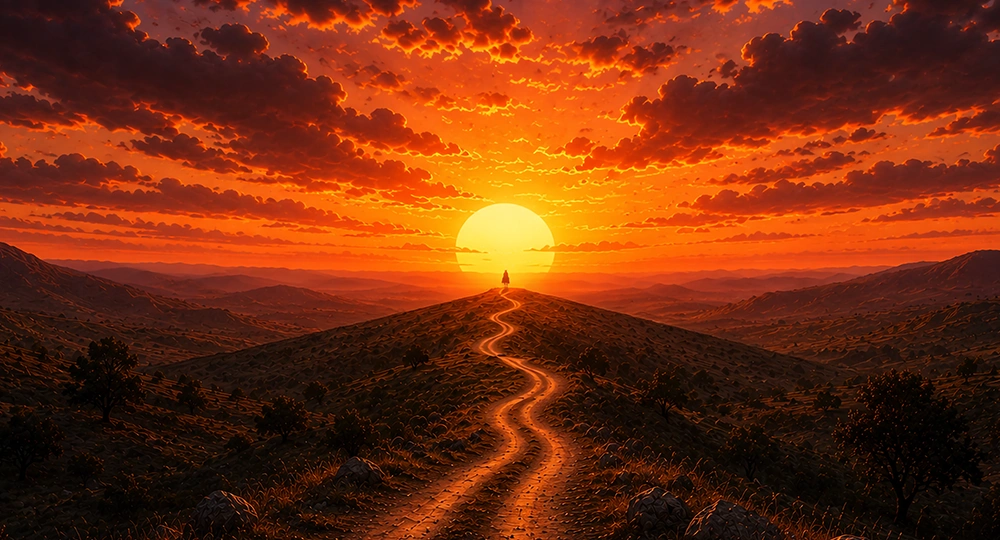 Waiting for the King - Person on winding path towards sunset
