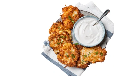 Potato latkes frying in oil